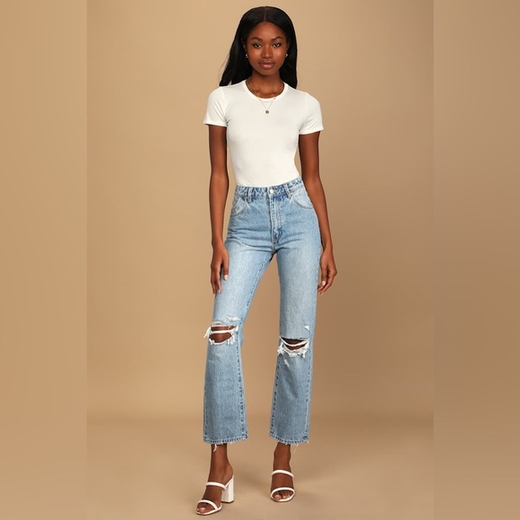 Rolla’s Original Straight Light Wash High Rise Distressed Denim Jeans - Picture 1 of 4